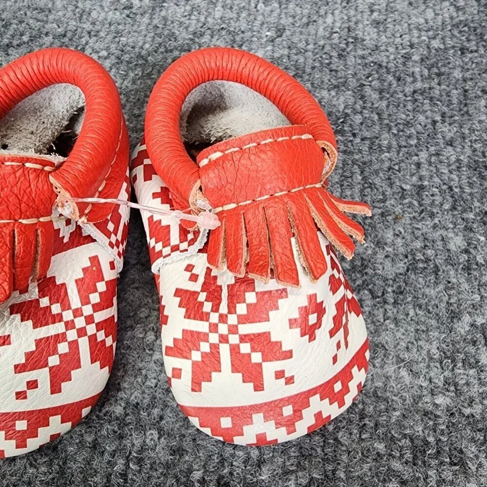 Freshly Picked Baby City Moccasins size 1 Red and white Fringe Leather Christmas